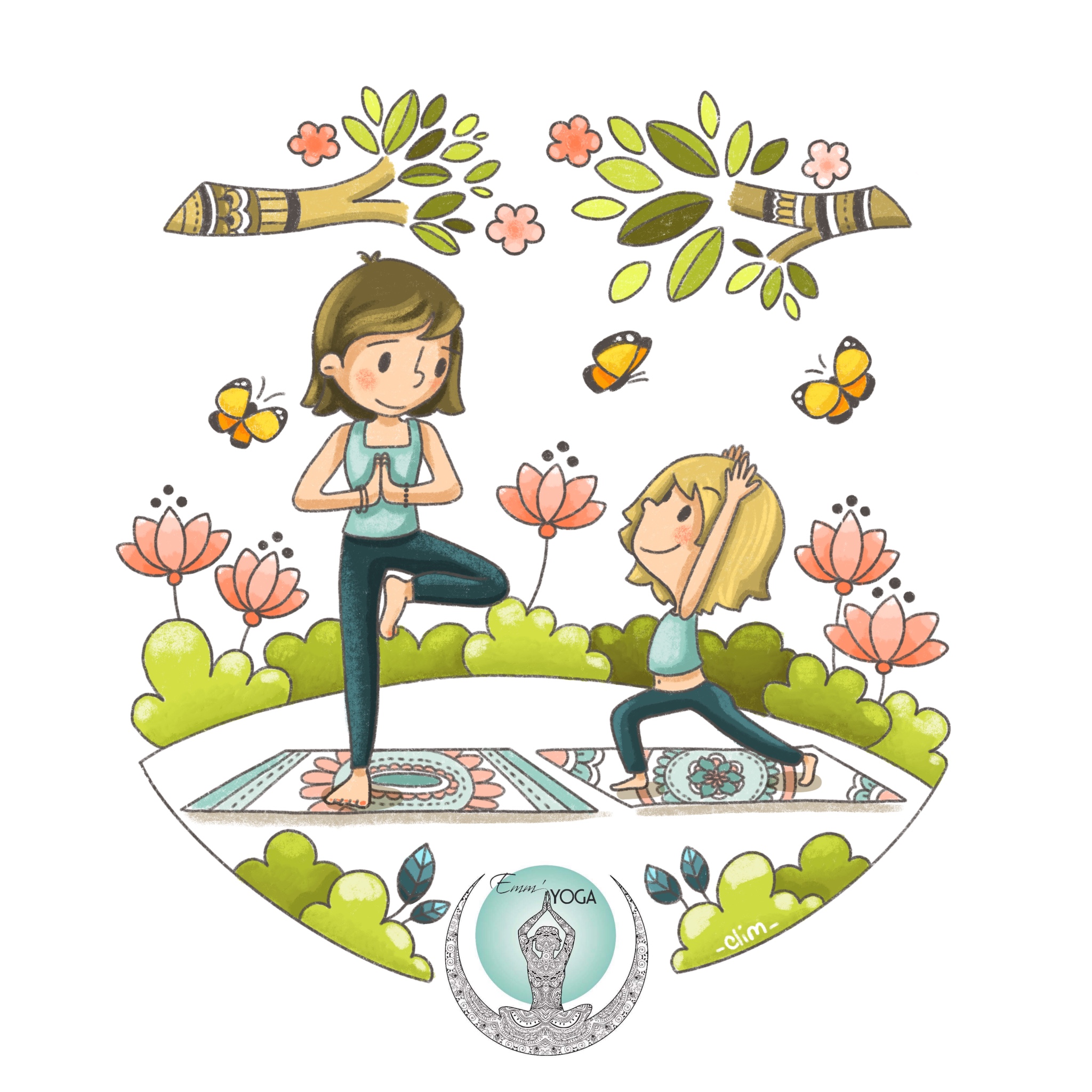 Illustration digitale pour invitation à un cours de yoga parent-enfant - studio Emm'Yoga - 2020